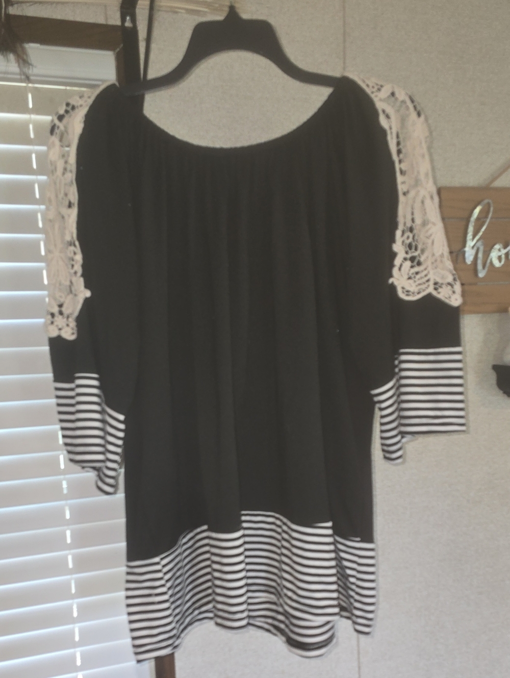 Black and White Striped Crochet-Sleeve Women’s Top